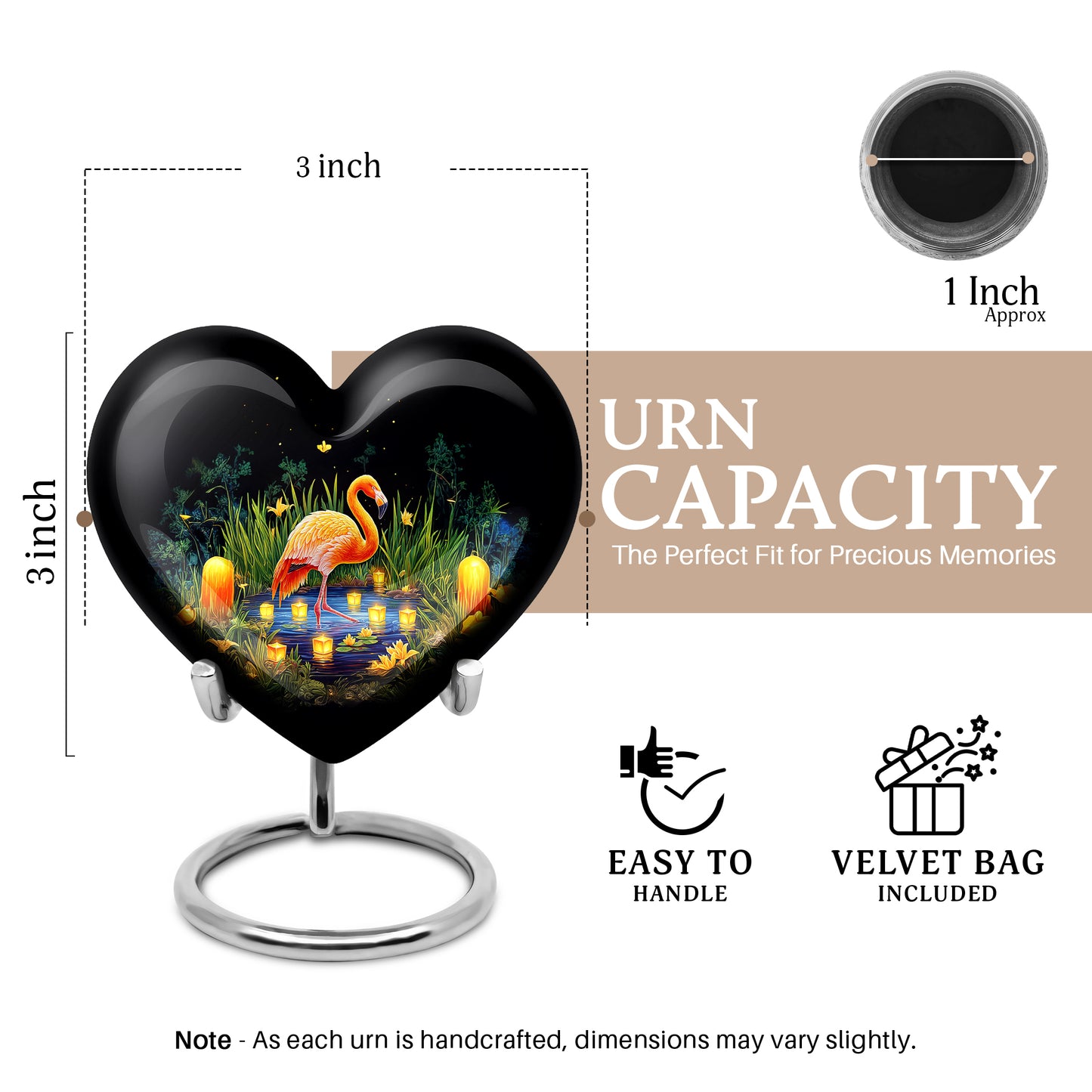 Midnight Black Flamingo Cremation Urn front view showing detailed design - compassionate heart-flamingo combination with gentle curves - mini keepsake memorial for portion of cremation ashes