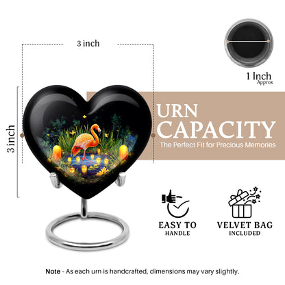 Midnight Black Flamingo Cremation Urn front view showing detailed design - compassionate heart-flamingo combination with gentle curves - mini keepsake memorial for portion of cremation ashes