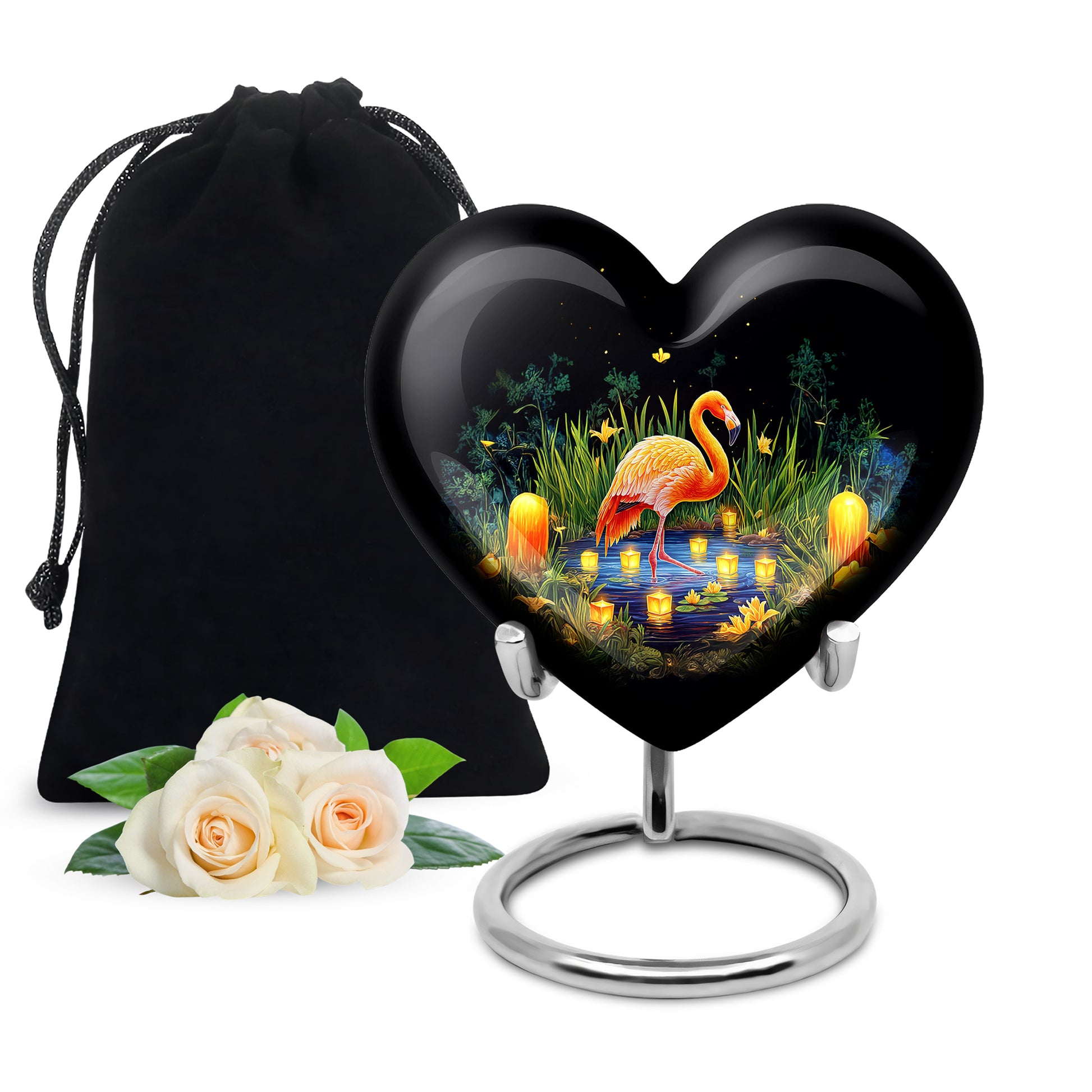 Charcoal Black Flamingo Cremation Urn detail view - romantic heart urn with flamingo motif on aluminum - full-size 10 inch 200 cubic inch adult cremation urn