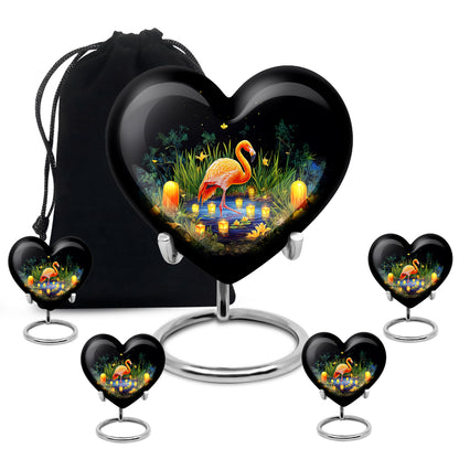 Jet Black Flamingo Cremation Urn close-up of engraving and surface detail - heart-shaped flamingo design symbolizing eternal love - memorial set with one large and four small urns