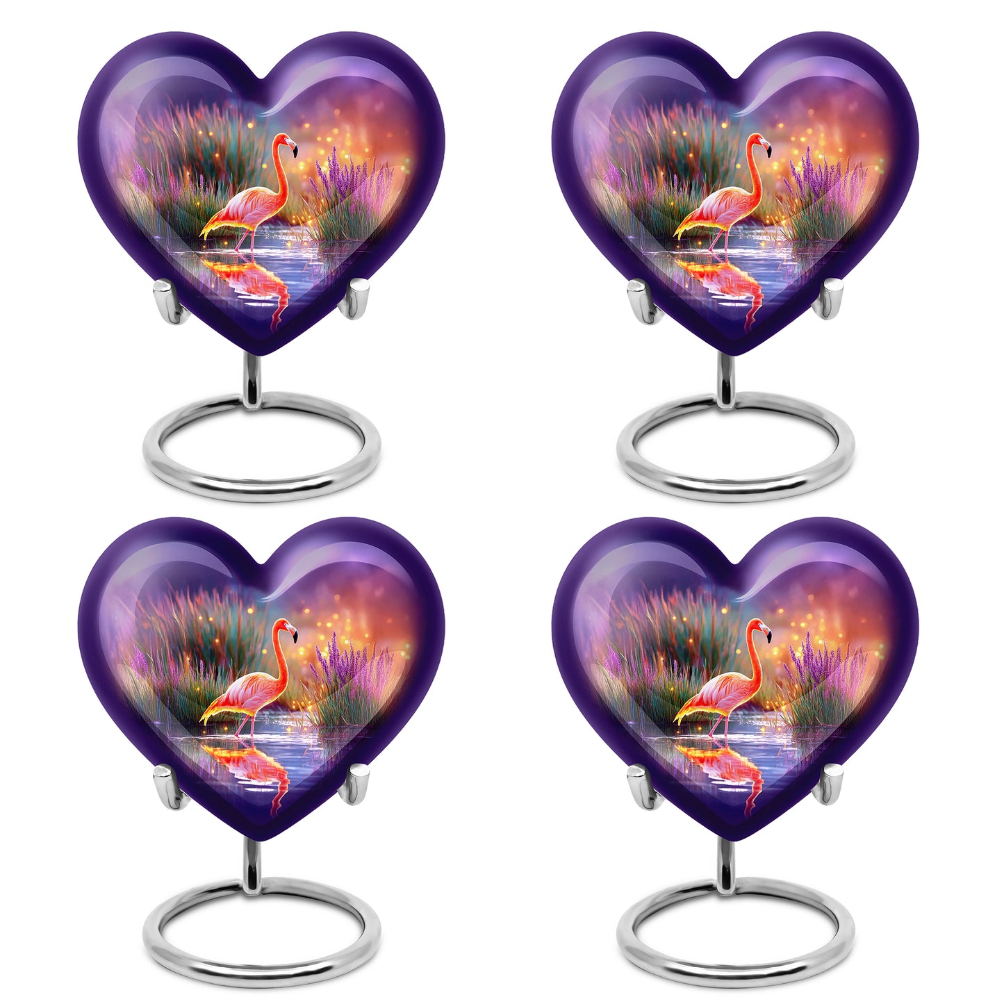 Bright Blue Flamingo Cremation Urn angled view of lid and engraved motif - compassionate heart-flamingo combination with gentle curves - 10 inch aluminum urn for cremated remains
