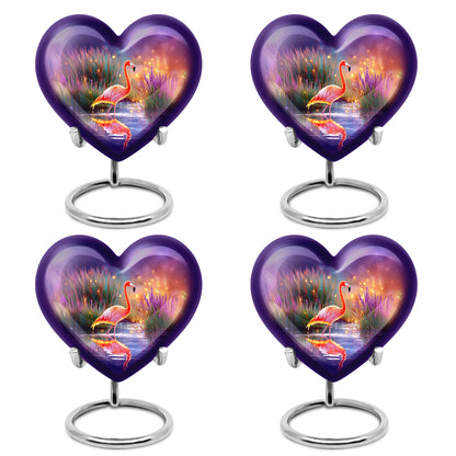 Bright Blue Flamingo Cremation Urn angled view of lid and engraved motif - compassionate heart-flamingo combination with gentle curves - 10 inch aluminum urn for cremated remains