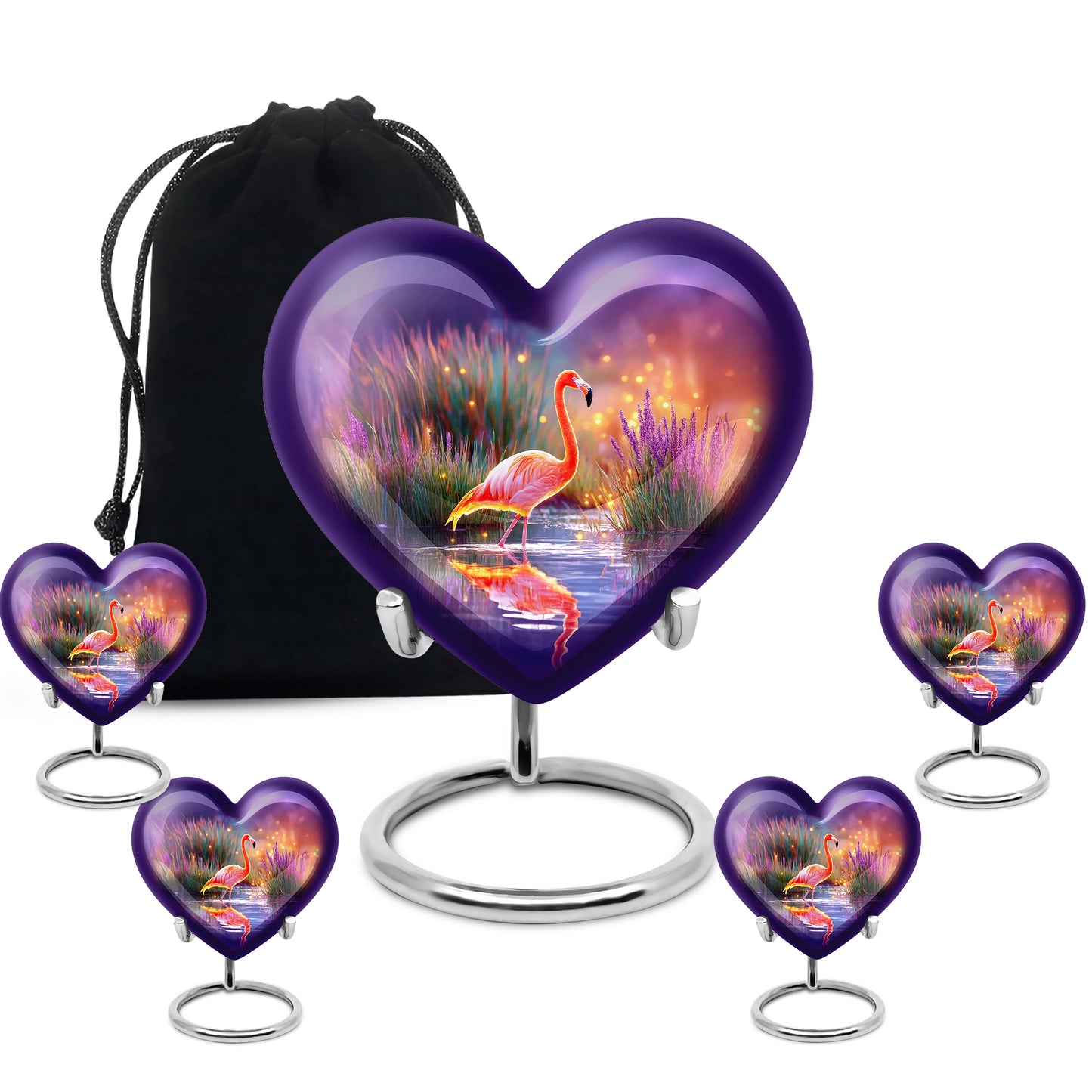 Slate Blue Flamingo Cremation Urn close-up of engraving and surface detail - heart-shaped flamingo design symbolizing eternal love - memorial set with one large and four small urns
