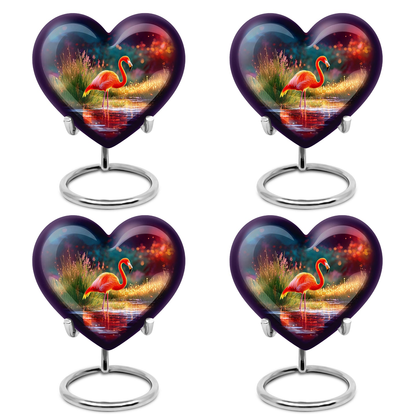 Twilight Purple Flamingo Cremation Urn angled view of lid and engraved motif - compassionate heart-flamingo combination with gentle curves - 10 inch aluminum urn for cremated remains