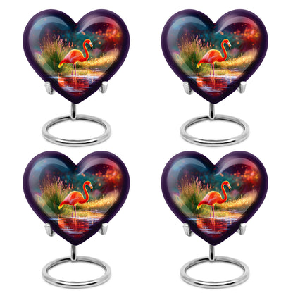 Twilight Purple Flamingo Cremation Urn angled view of lid and engraved motif - compassionate heart-flamingo combination with gentle curves - 10 inch aluminum urn for cremated remains