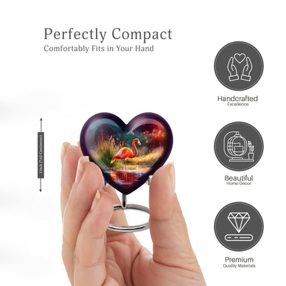 Majestic Purple Flamingo Cremation Urn front view showing detailed design - loving heart memorial featuring flamingo pattern - mini keepsake memorial for portion of cremation ashes