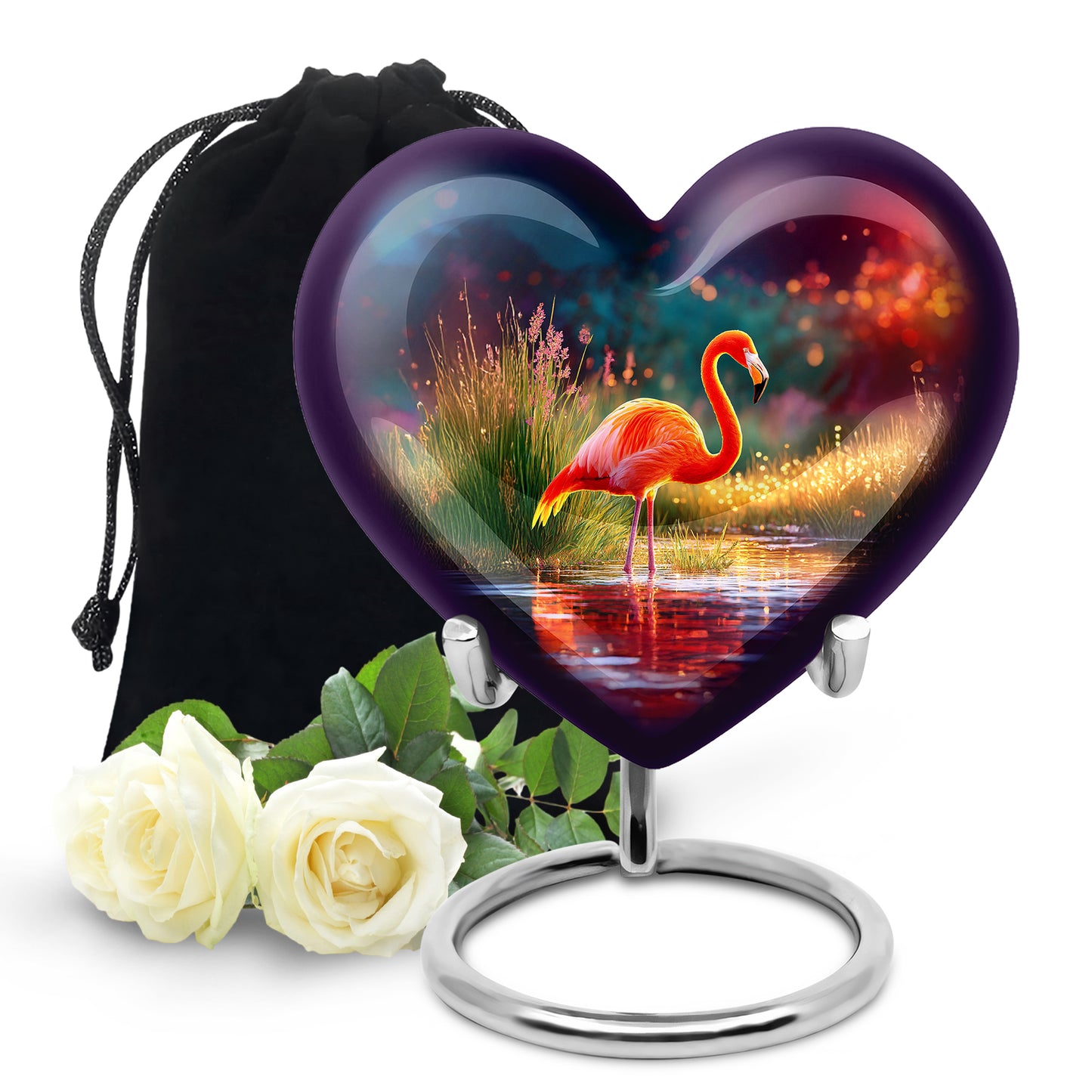 Majestic Purple Flamingo Cremation Urn detail view - heart-shaped flamingo design symbolizing eternal love - full-size 10 inch 200 cubic inch adult cremation urn