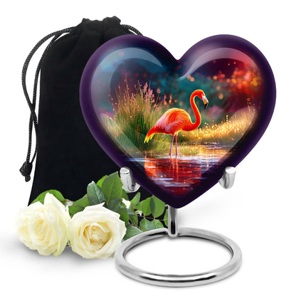 Majestic Purple Flamingo Cremation Urn detail view - heart-shaped flamingo design symbolizing eternal love - full-size 10 inch 200 cubic inch adult cremation urn