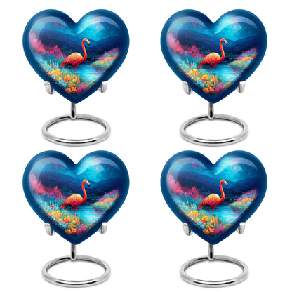 Calming Blue Flamingo Cremation Urn angled view of lid and engraved motif - romantic heart urn with flamingo motif on aluminum - 10 inch aluminum urn for cremated remains