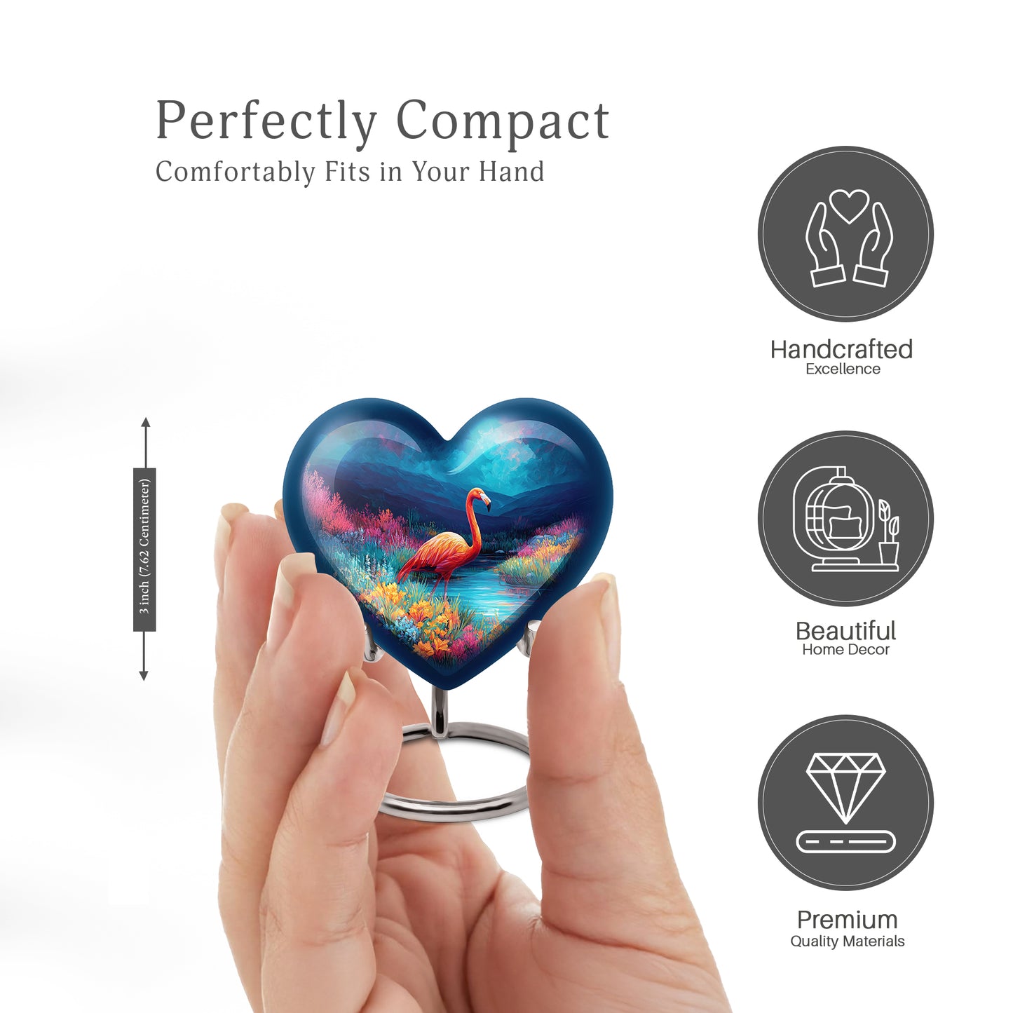Serene Blue Flamingo Cremation Urn front view showing detailed design - compassionate heart-flamingo combination with gentle curves - mini keepsake memorial for portion of cremation ashes