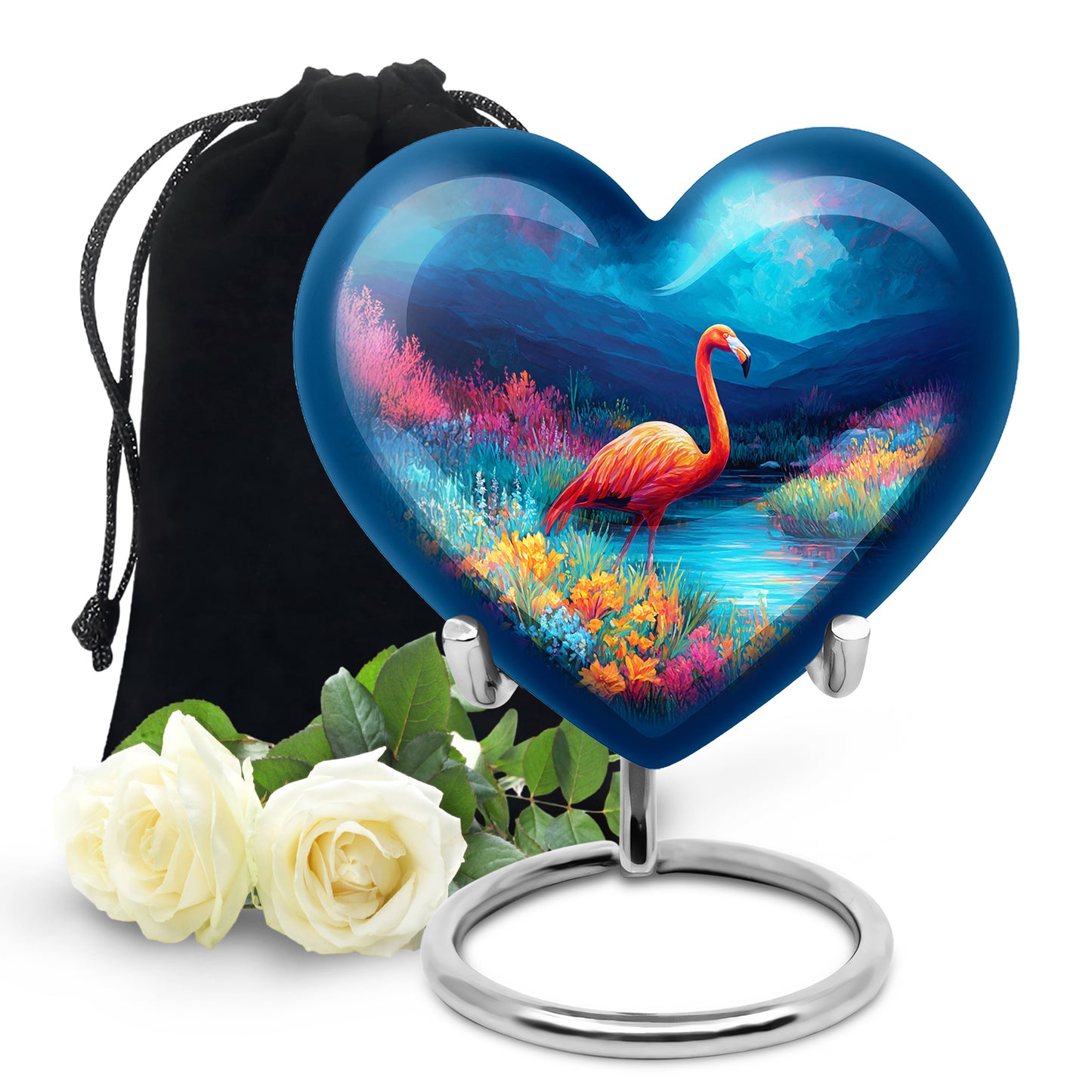 Royal Blue Flamingo Cremation Urn detail view - romantic heart urn with flamingo motif on aluminum - full-size 10 inch 200 cubic inch adult cremation urn