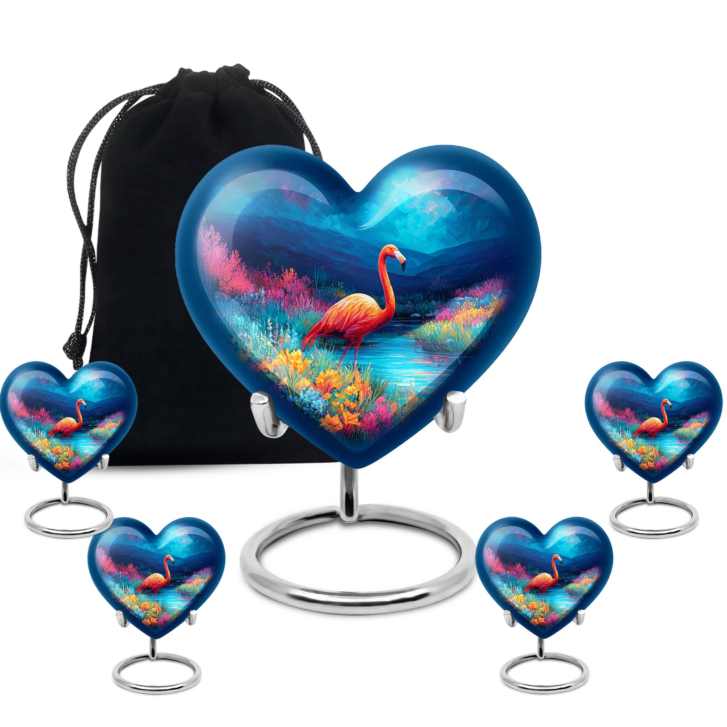 Pastel Blue Flamingo Cremation Urn close-up of engraving and surface detail - heart-shaped flamingo design symbolizing eternal love - memorial set with one large and four small urns