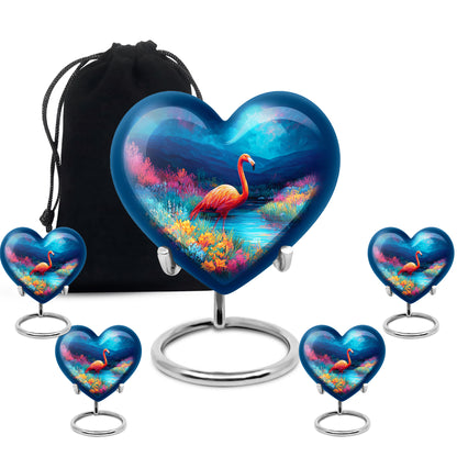 Pastel Blue Flamingo Cremation Urn close-up of engraving and surface detail - heart-shaped flamingo design symbolizing eternal love - memorial set with one large and four small urns