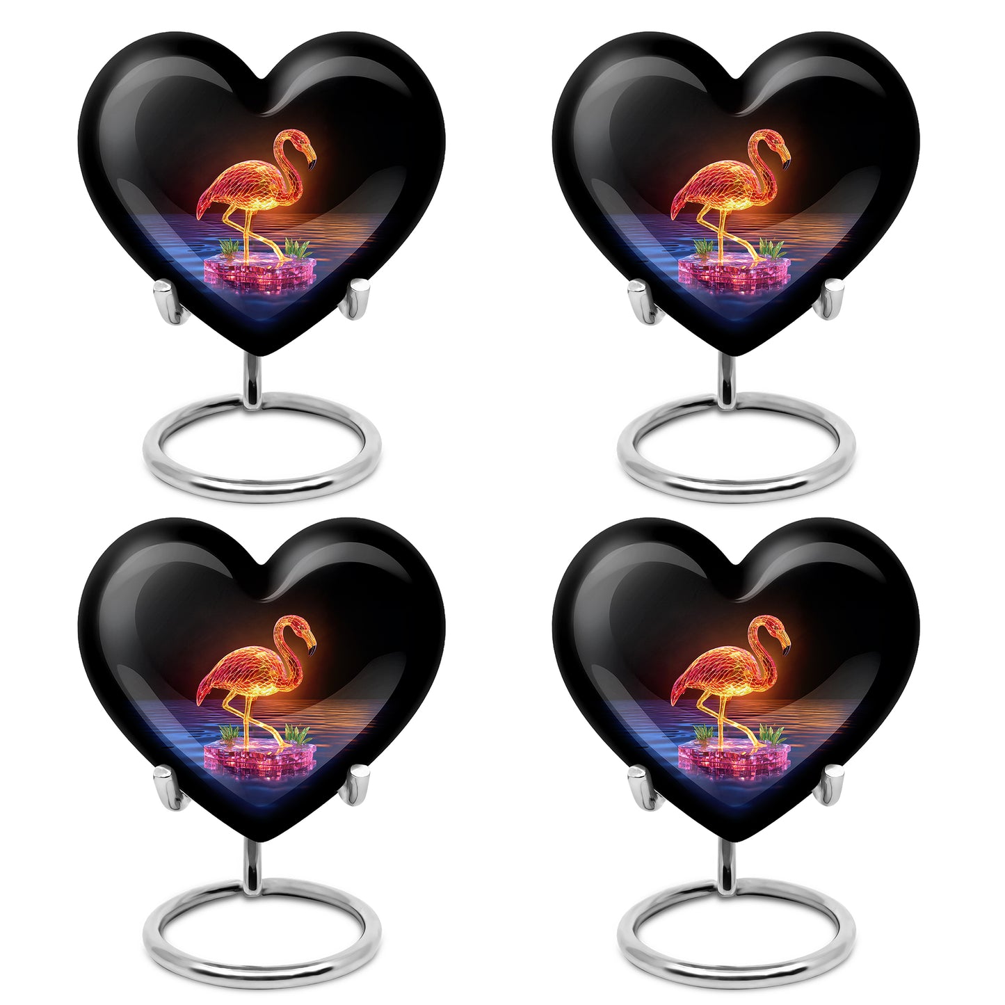 Charcoal Black Flamingo Cremation Urn angled view of lid and engraved motif - romantic heart urn with flamingo motif on aluminum - 10 inch aluminum urn for cremated remains
