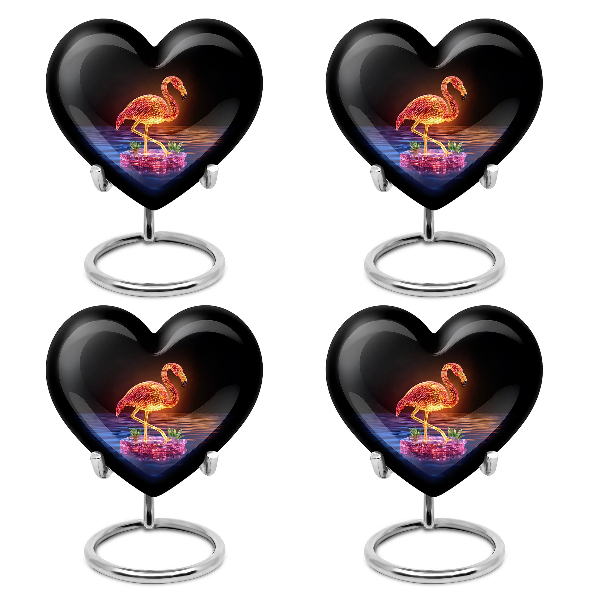 Charcoal Black Flamingo Cremation Urn angled view of lid and engraved motif - romantic heart urn with flamingo motif on aluminum - 10 inch aluminum urn for cremated remains