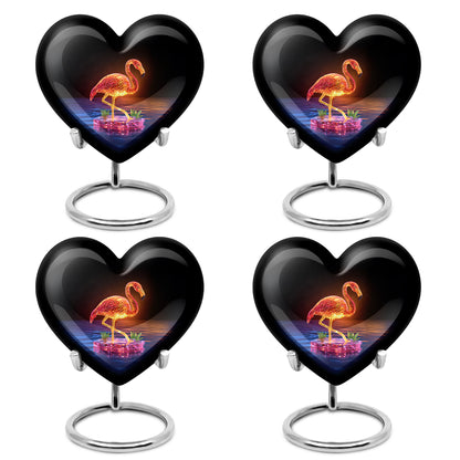 Charcoal Black Flamingo Cremation Urn angled view of lid and engraved motif - romantic heart urn with flamingo motif on aluminum - 10 inch aluminum urn for cremated remains