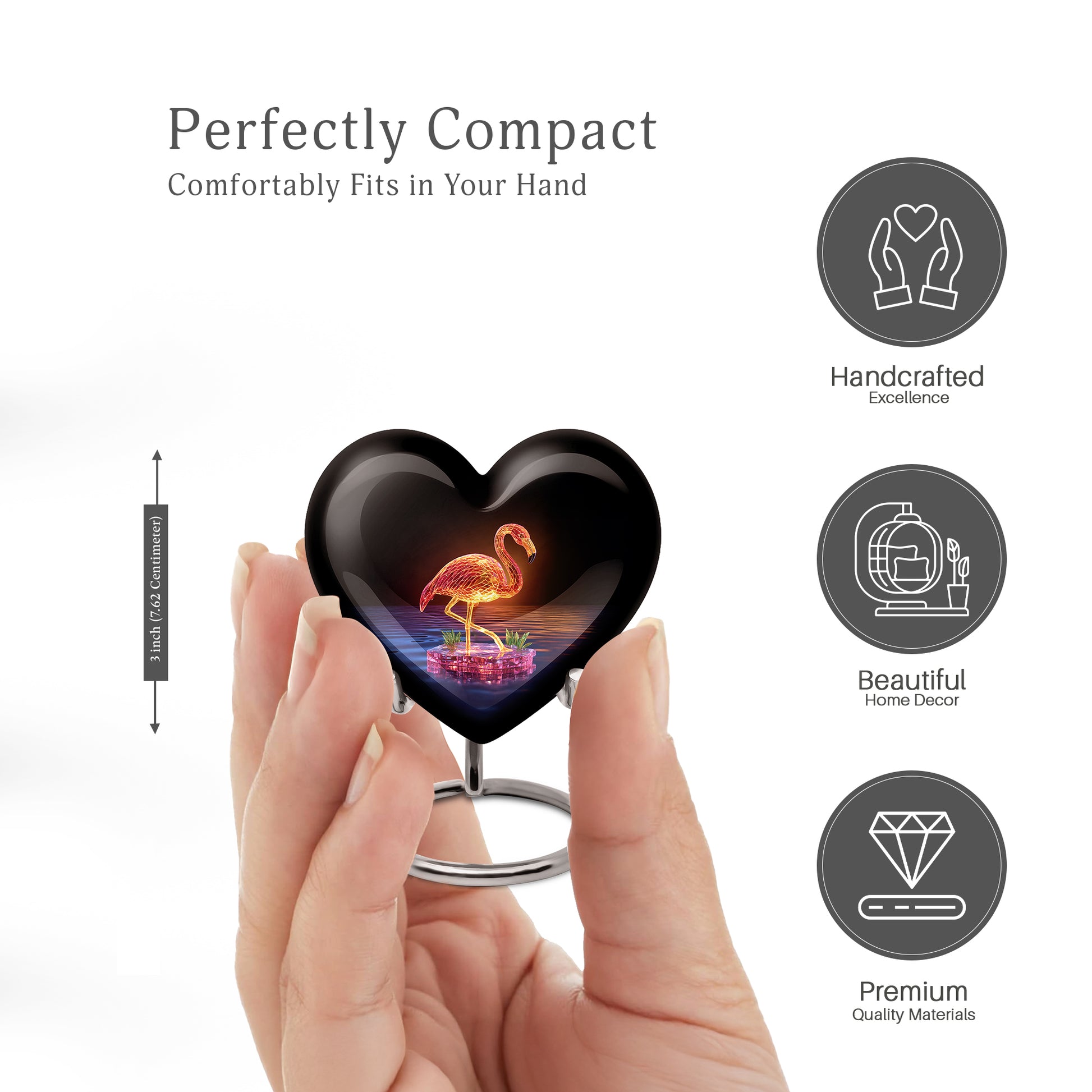 Glossy Black Flamingo Cremation Urn front view showing detailed design - heart-shaped flamingo design symbolizing eternal love - mini keepsake memorial for portion of cremation ashes