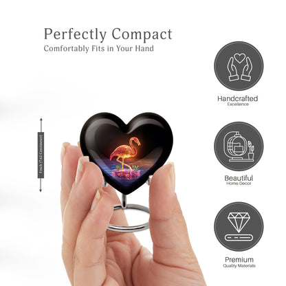 Glossy Black Flamingo Cremation Urn front view showing detailed design - heart-shaped flamingo design symbolizing eternal love - mini keepsake memorial for portion of cremation ashes