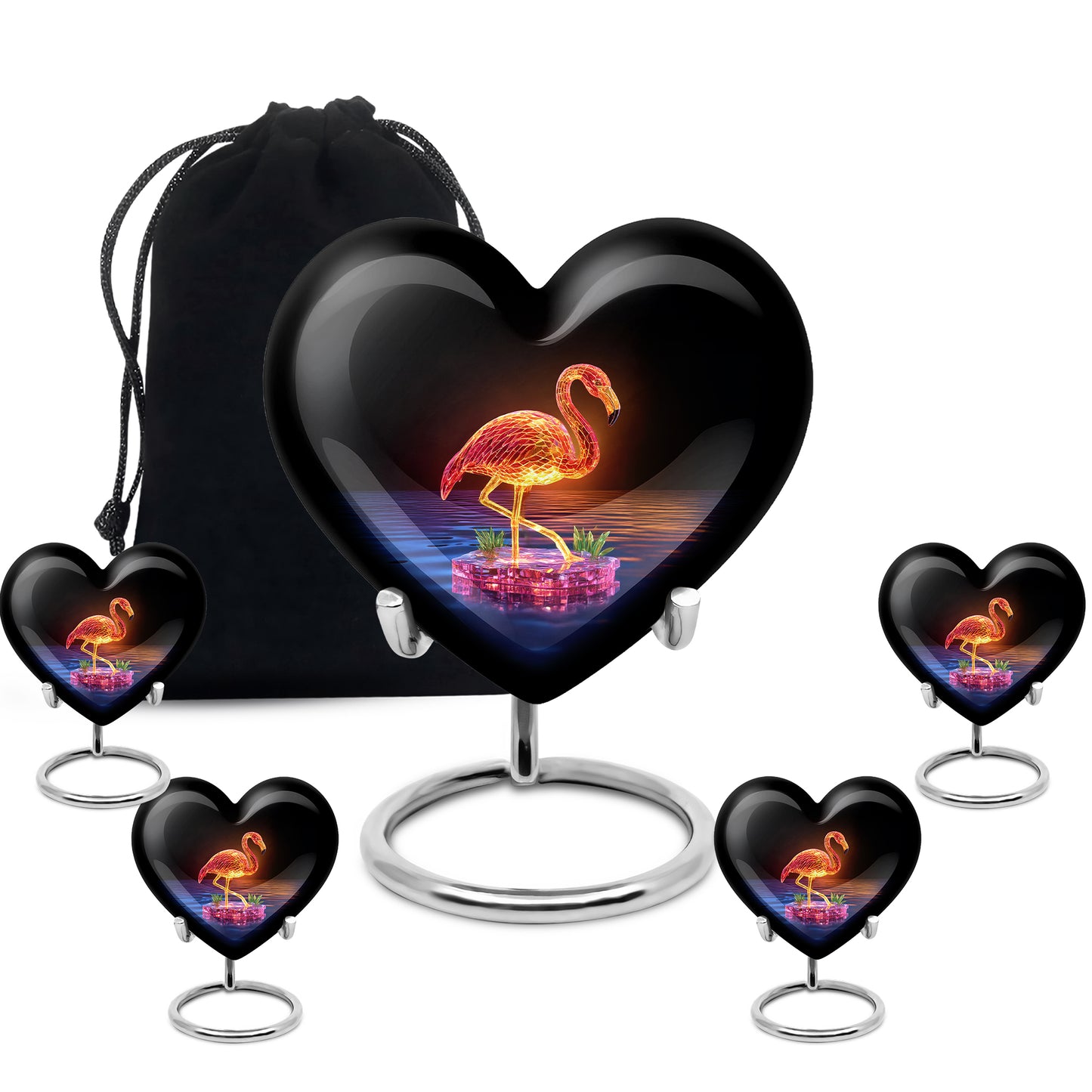 Rich Black Flamingo Cremation Urn close-up of engraving and surface detail - heart-shaped flamingo design symbolizing eternal love - memorial set with one large and four small urns