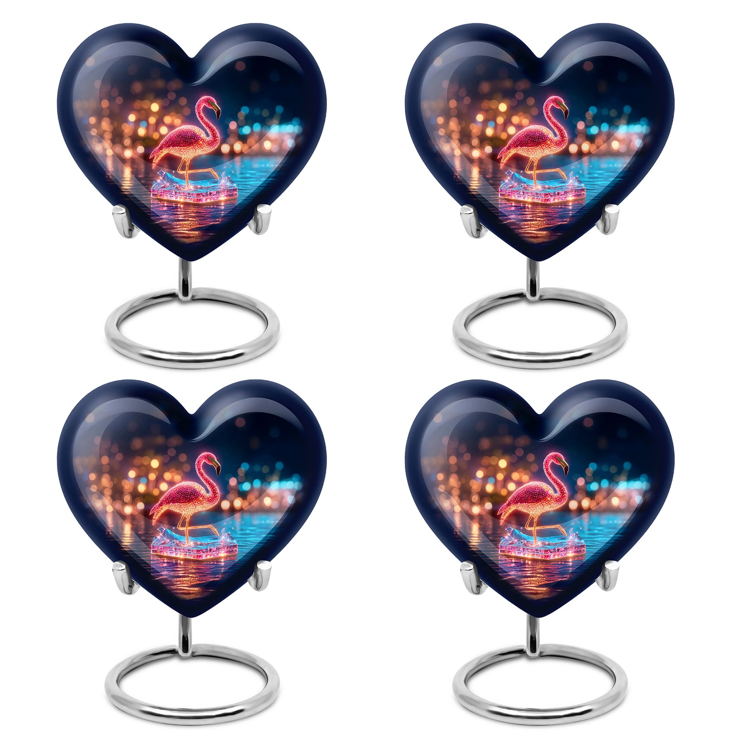 Cobalt Blue Flamingo Cremation Urn angled view of lid and engraved motif - compassionate heart-flamingo combination with gentle curves - 10 inch aluminum urn for cremated remains
