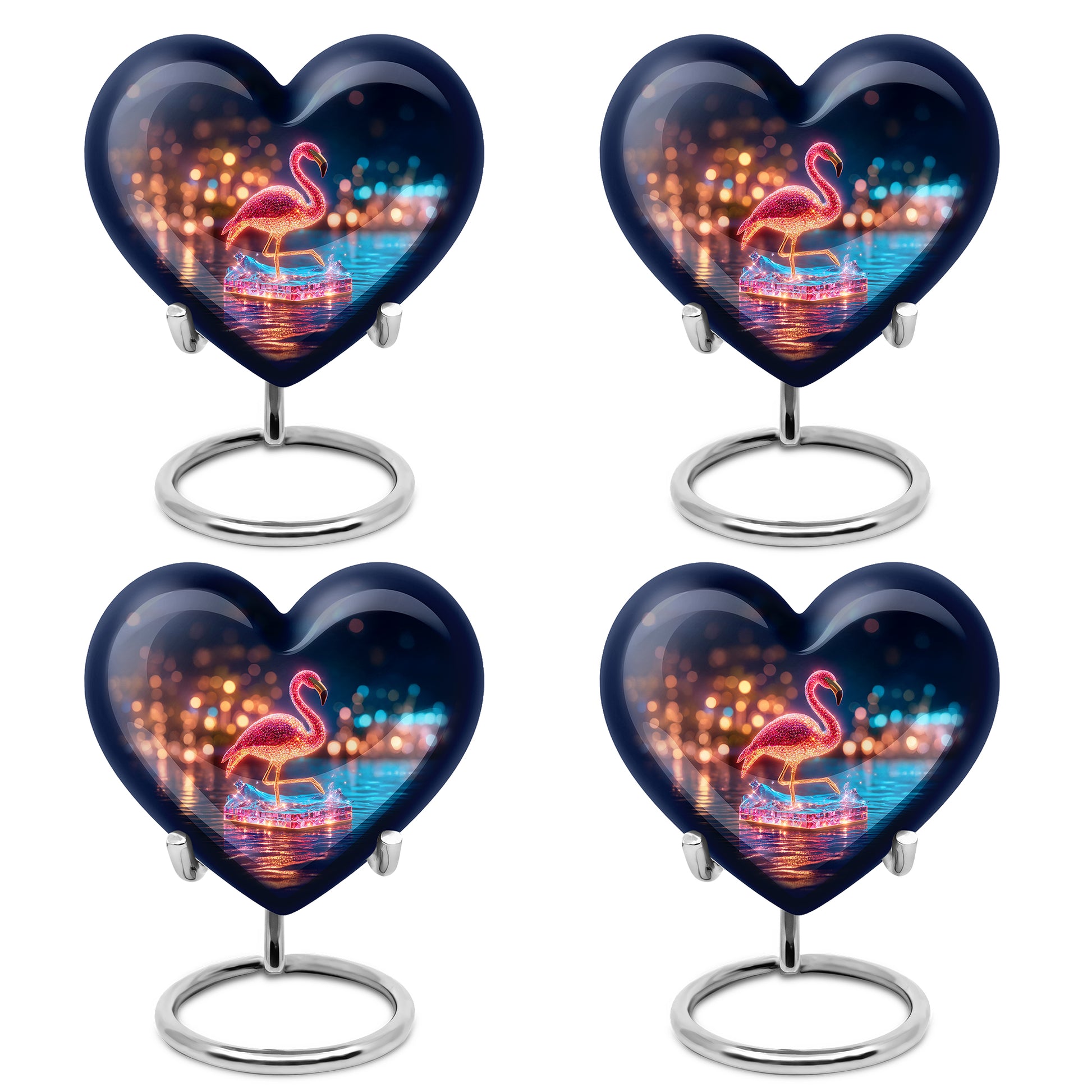 Cobalt Blue Flamingo Cremation Urn angled view of lid and engraved motif - compassionate heart-flamingo combination with gentle curves - 10 inch aluminum urn for cremated remains