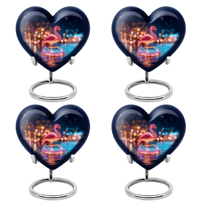 Cobalt Blue Flamingo Cremation Urn angled view of lid and engraved motif - compassionate heart-flamingo combination with gentle curves - 10 inch aluminum urn for cremated remains