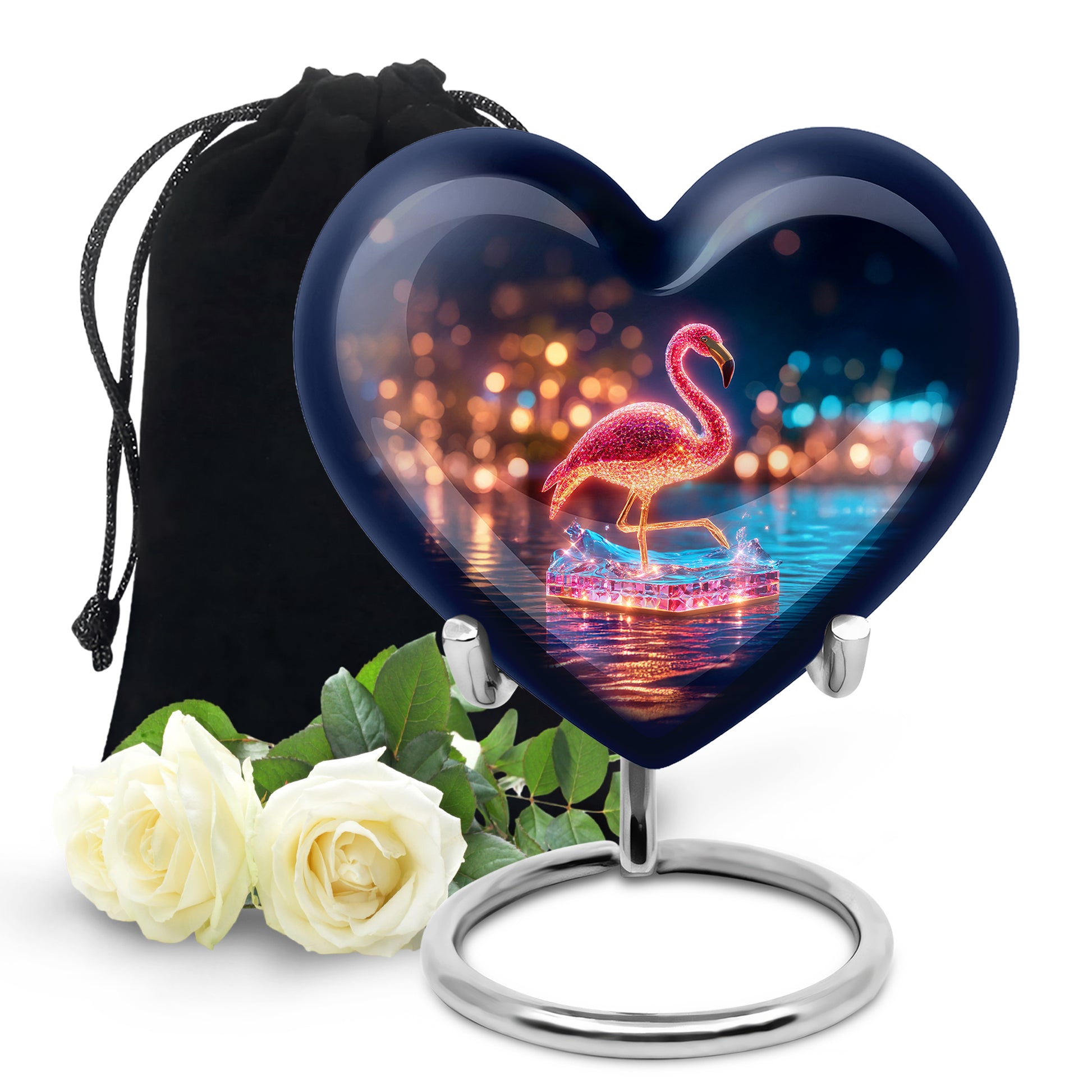 Azure Flamingo Cremation Urn detail view - heart-shaped flamingo design symbolizing eternal love - full-size 10 inch 200 cubic inch adult cremation urn