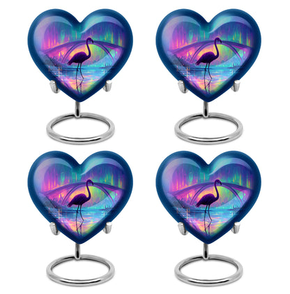 Pastel Blue Flamingo Cremation Urn angled view of lid and engraved motif - loving heart memorial featuring flamingo pattern - 10 inch aluminum urn for cremated remains
