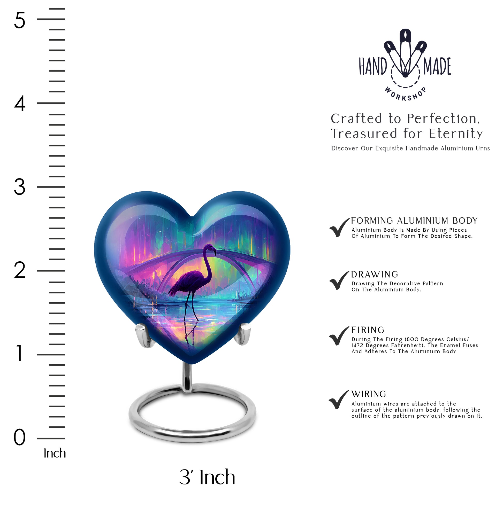 Calming Blue Flamingo Cremation Urn front view showing detailed design - compassionate heart-flamingo combination with gentle curves - mini keepsake memorial for portion of cremation ashes