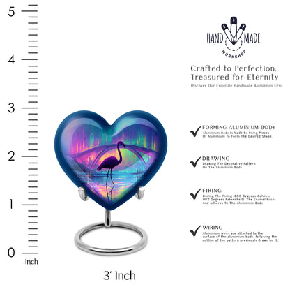 Calming Blue Flamingo Cremation Urn front view showing detailed design - compassionate heart-flamingo combination with gentle curves - mini keepsake memorial for portion of cremation ashes
