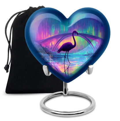 Dusty Blue Flamingo Cremation Urn detail view - heart-shaped flamingo design symbolizing eternal love - full-size 10 inch 200 cubic inch adult cremation urn