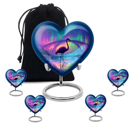 Calming Blue Flamingo Cremation Urn close-up of engraving and surface detail - compassionate heart-flamingo combination with gentle curves - memorial set with one large and four small urns