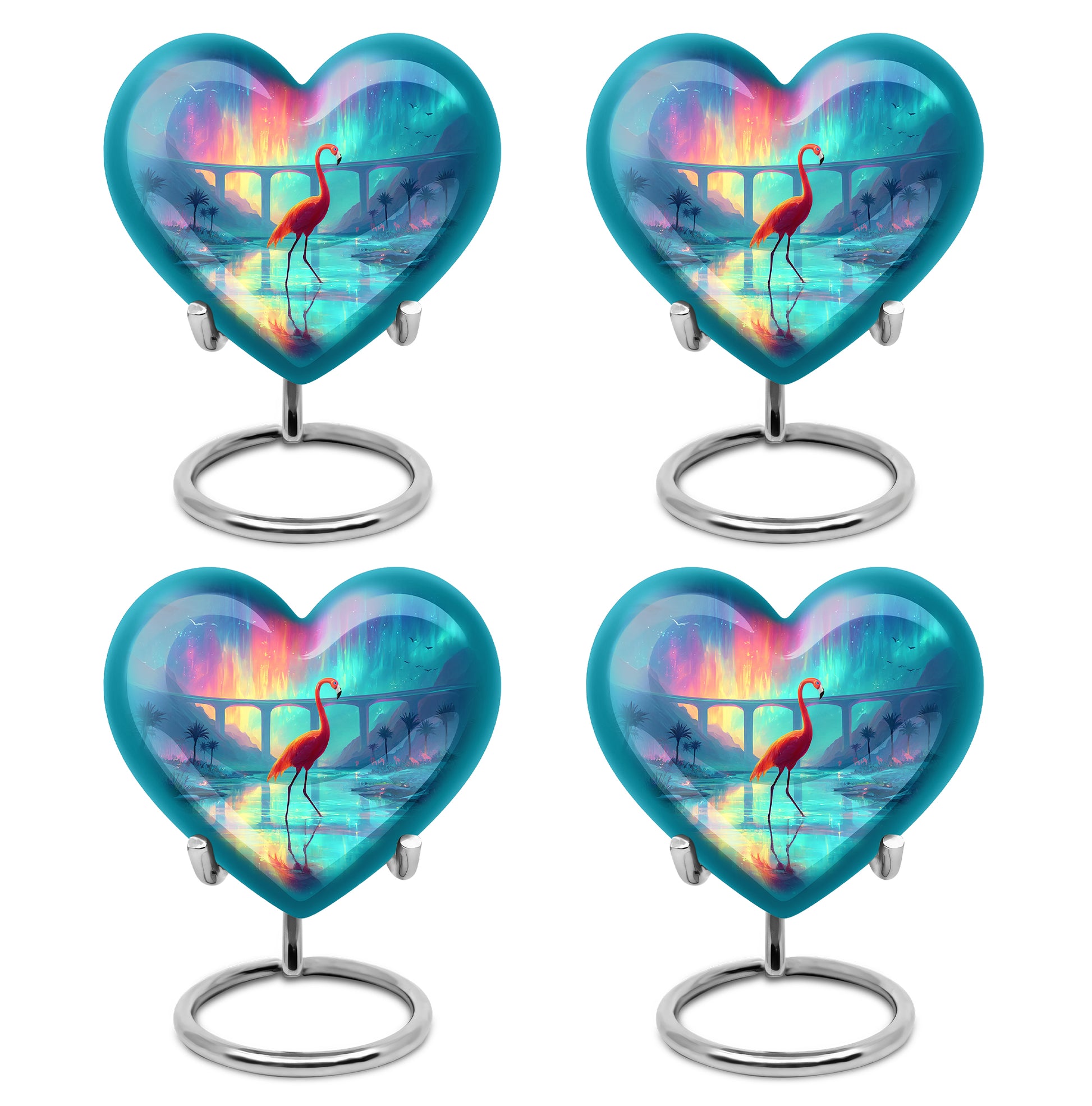 Azure Flamingo Cremation Urn angled view of lid and engraved motif - loving heart memorial featuring flamingo pattern - 10 inch aluminum urn for cremated remains