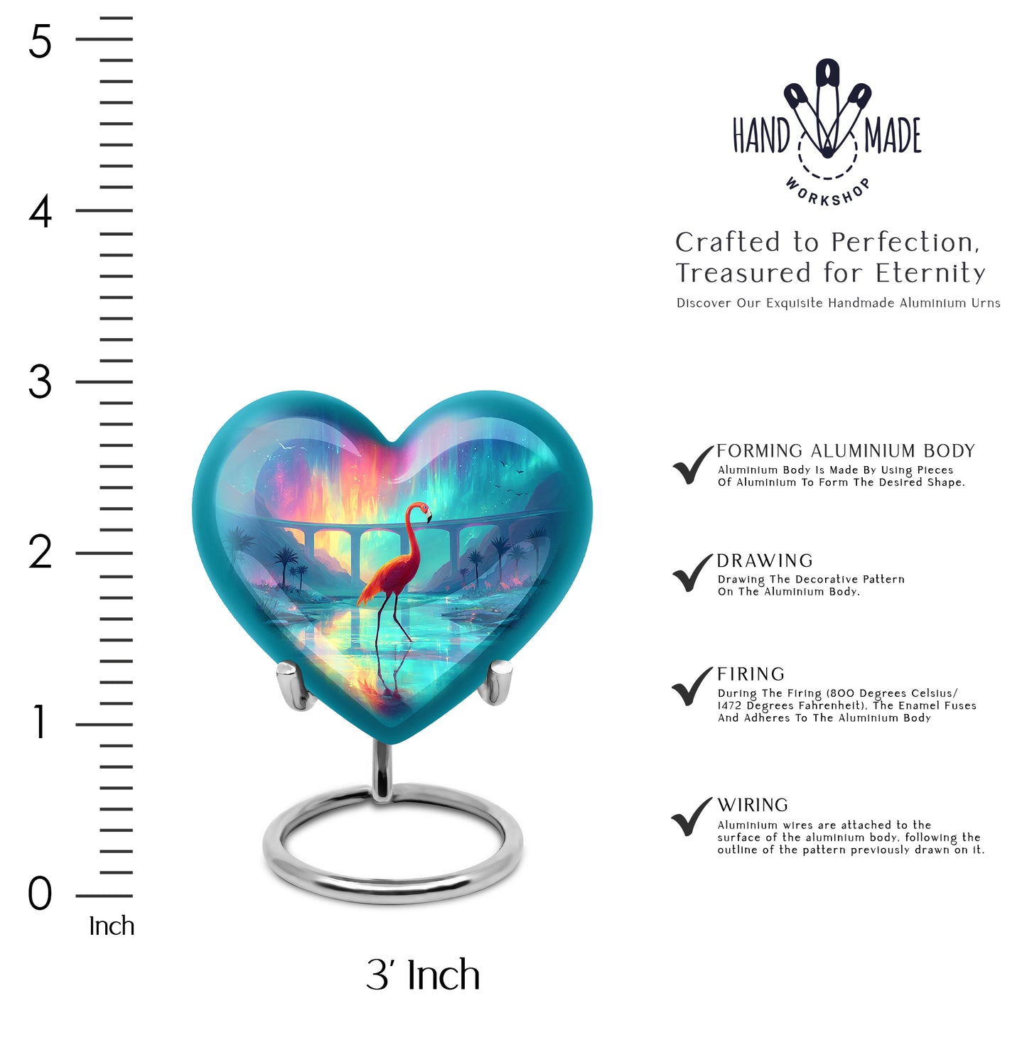 Indigo Flamingo Cremation Urn front view showing detailed design - heart-shaped flamingo design symbolizing eternal love - mini keepsake memorial for portion of cremation ashes