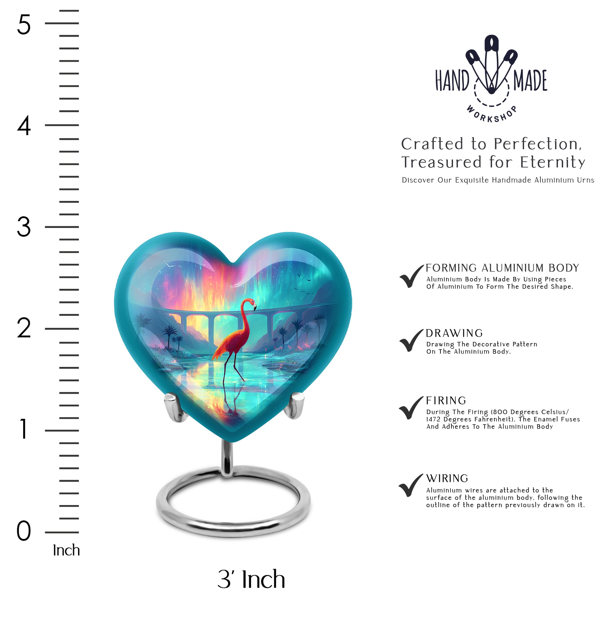Indigo Flamingo Cremation Urn front view showing detailed design - heart-shaped flamingo design symbolizing eternal love - mini keepsake memorial for portion of cremation ashes