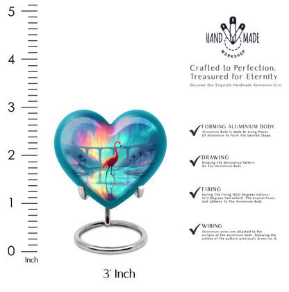 Indigo Flamingo Cremation Urn front view showing detailed design - heart-shaped flamingo design symbolizing eternal love - mini keepsake memorial for portion of cremation ashes