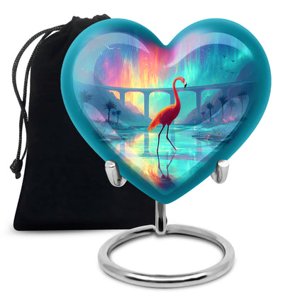 Powder Blue Flamingo Cremation Urn detail view - heart-shaped flamingo design symbolizing eternal love - full-size 10 inch 200 cubic inch adult cremation urn