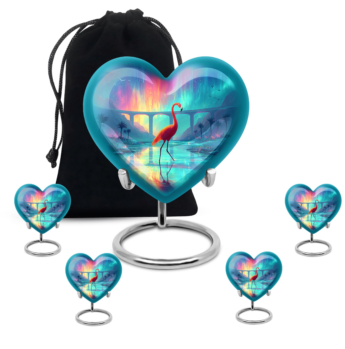 Cobalt Blue Flamingo Cremation Urn close-up of engraving and surface detail - romantic heart urn with flamingo motif on aluminum - memorial set with one large and four small urns