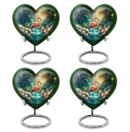 Pastel Blue Flamingo Cremation Urn angled view of lid and engraved motif - loving heart memorial featuring flamingo pattern - 10 inch aluminum urn for cremated remains