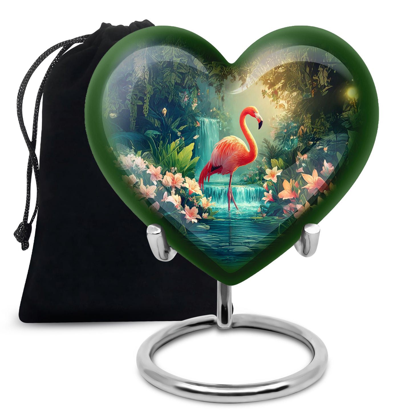 Sky Blue Flamingo Cremation Urn detail view - loving heart memorial featuring flamingo pattern - full-size 10 inch 200 cubic inch adult cremation urn