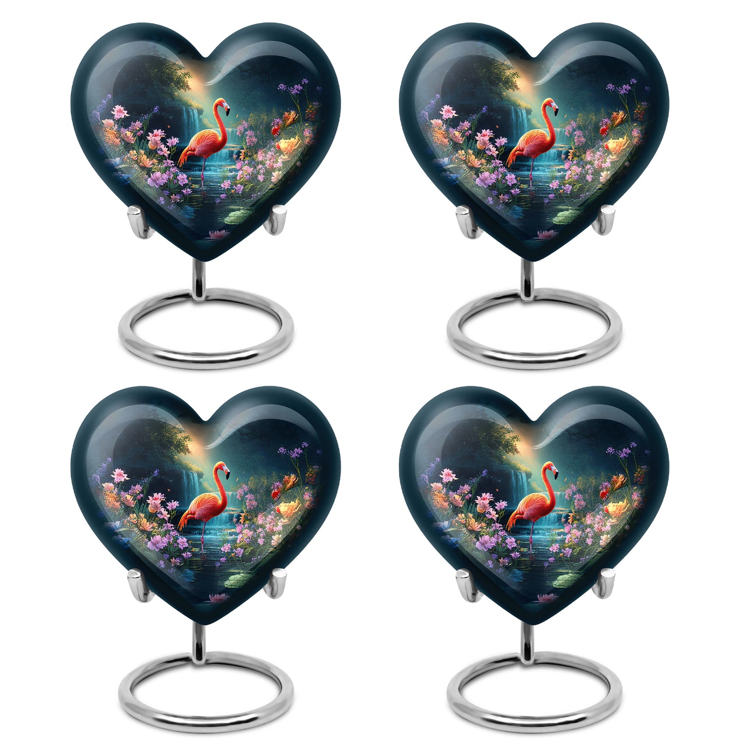 Sky Blue Flamingo Cremation Urn angled view of lid and engraved motif - heart-shaped flamingo design symbolizing eternal love - 10 inch aluminum urn for cremated remains