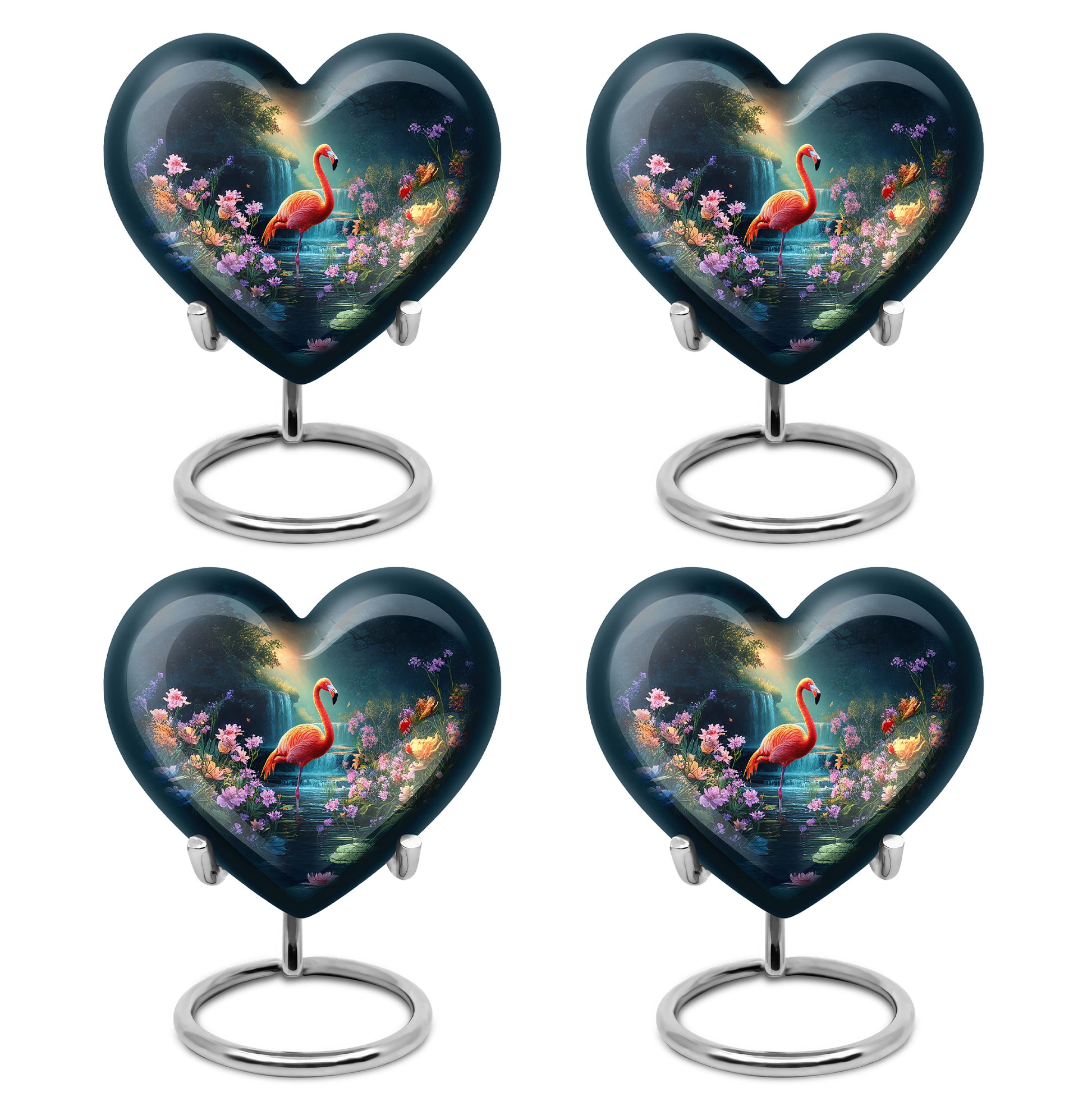 Sky Blue Flamingo Cremation Urn angled view of lid and engraved motif - heart-shaped flamingo design symbolizing eternal love - 10 inch aluminum urn for cremated remains