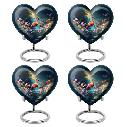 Sky Blue Flamingo Cremation Urn angled view of lid and engraved motif - heart-shaped flamingo design symbolizing eternal love - 10 inch aluminum urn for cremated remains