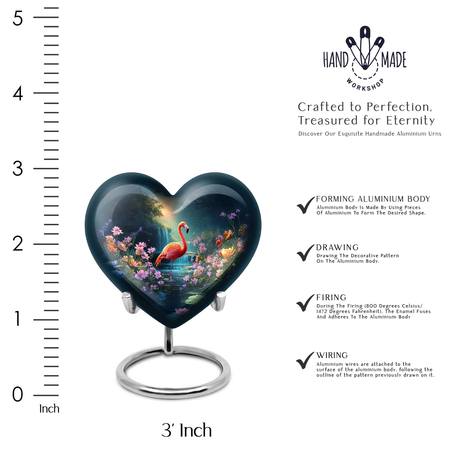 Celestial Blue Flamingo Cremation Urn front view showing detailed design - loving heart memorial featuring flamingo pattern - mini keepsake memorial for portion of cremation ashes
