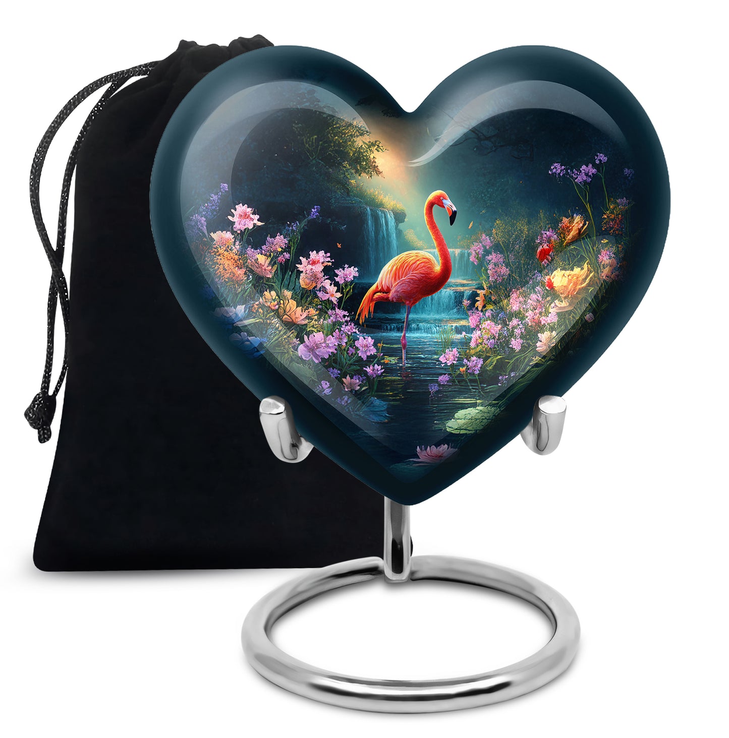 Steel Blue Flamingo Cremation Urn detail view - romantic heart urn with flamingo motif on aluminum - full-size 10 inch 200 cubic inch adult cremation urn