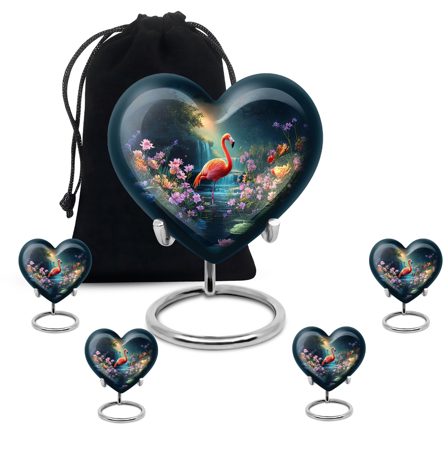 Vivid Blue Flamingo Cremation Urn close-up of engraving and surface detail - compassionate heart-flamingo combination with gentle curves - memorial set with one large and four small urns