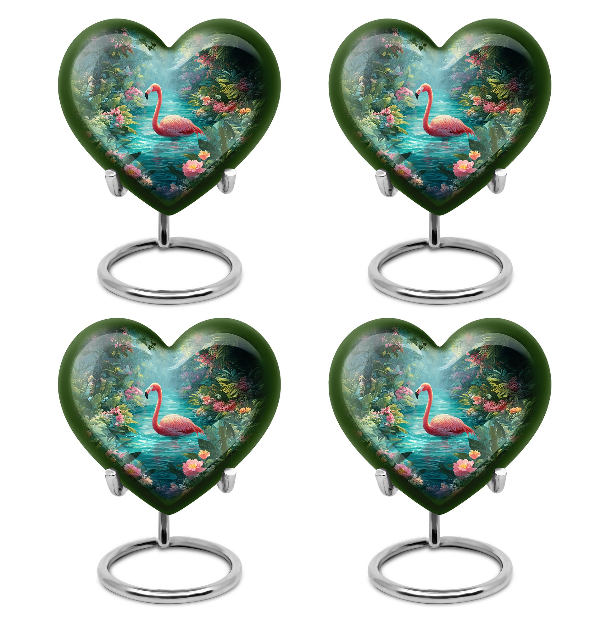 Deep Teal Flamingo Cremation Urn angled view of lid and engraved motif - compassionate heart-flamingo combination with gentle curves - 10 inch aluminum urn for cremated remains