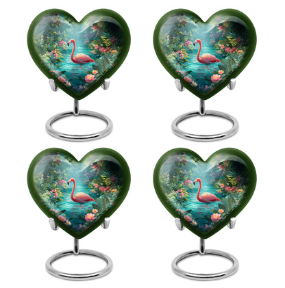 Deep Teal Flamingo Cremation Urn angled view of lid and engraved motif - compassionate heart-flamingo combination with gentle curves - 10 inch aluminum urn for cremated remains