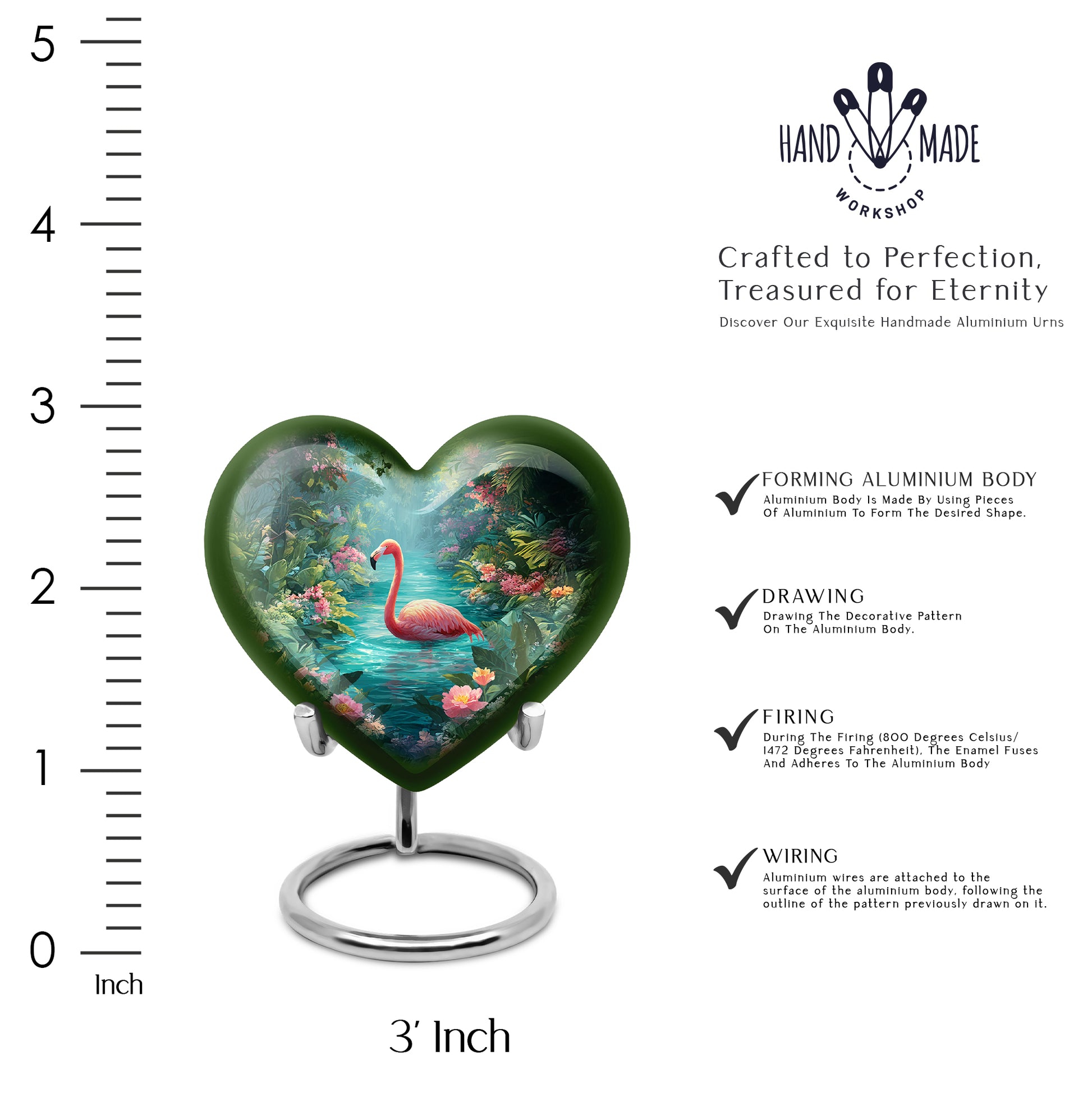 Aqua Teal Flamingo Cremation Urn front view showing detailed design - romantic heart urn with flamingo motif on aluminum - mini keepsake memorial for portion of cremation ashes