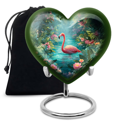 Mystic Teal Flamingo Cremation Urn detail view - romantic heart urn with flamingo motif on aluminum - full-size 10 inch 200 cubic inch adult cremation urn